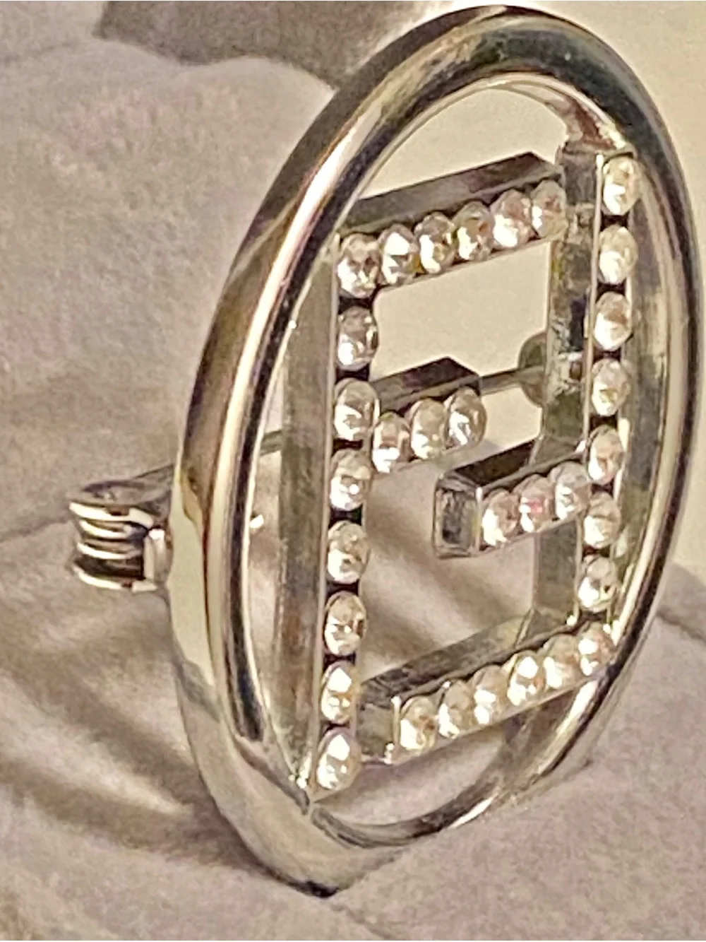Fashion Jewelry Silver-Tone Crystal Logo F-Monogram Luxury Brooch Small
